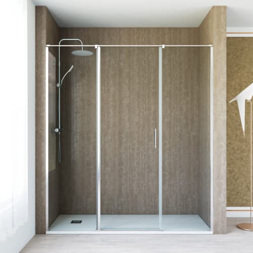 Mampara de Ducha Frontal 1 Puerta Abatible Central + 2 Fijos Laterales | Cabina Ducha 1 Puerta Giratoria Central Entre 2 Fijos | Cromo | 160cm