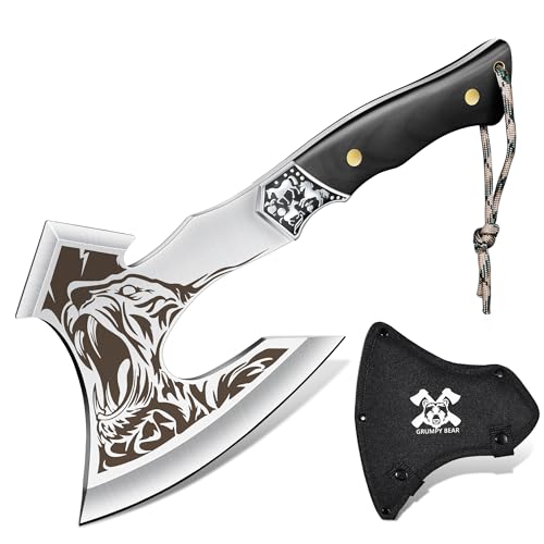 Grumpy Bear Tactical Axe, Camping Survival Hatchet, Full Tang Tomahawk with Sheath, Multifunctional Outdoor Hiking Heavy Duty Hatchet for Emergency, Hiking and Camping, for Men Women