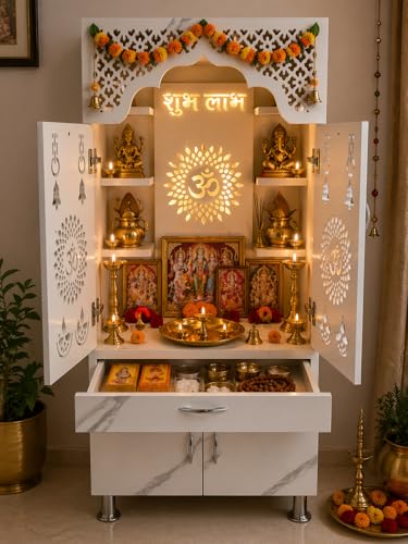 Image of Amazing Home Temple /Pooja Mandir with Led Lights (Pre Assembled) Height: 130cm Engineered Wood Home Temple (Height: 130, Pre-Assembled) | White