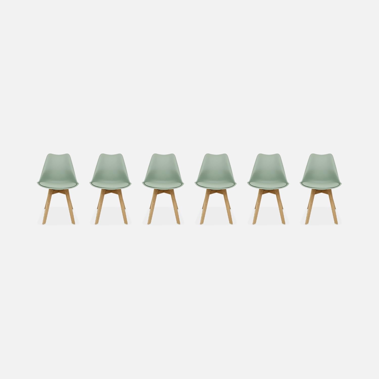 Set di 6 sedie scandinave imbottite, con gambe in legno per sala da pranzo, Nils, Verde celadon, 47x55x81 cm
