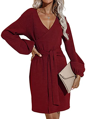 WINKEEY Femme Sexy Robe Courte Col V en Tricot Robe Pull à Manches Longues Amples Taille Ceinture à Nouer, Rouge XL Cover