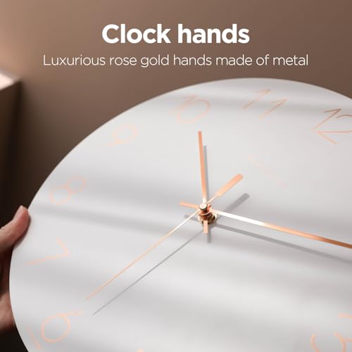 Image of mooas Flatwood Wall Clock (Rose Gold),12 inch Non-Ticking Sweep Movement | Decorative Battery Operated Wall Clock for Home Living Room Kitchen Bedroom Office School