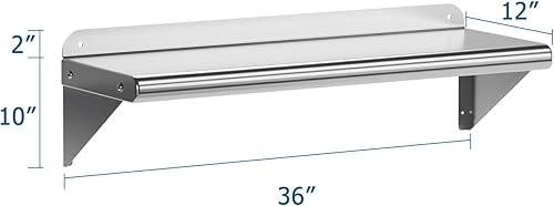 Miniatura 3 de Towallmark Estante de acero inoxidable de 12 x 36 pulgadas, Certificado NSF Estante de montaje en pared de metal comercial de 270 libras con tapa