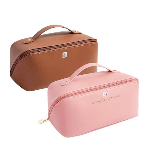 Image of NFI Essentials Pack of 2 Cosmetic Travel Organizer Bag, Women's Makeup Pouch Toiletry Bag Portable Leather Wide Opening Cosmetics Bag with Handle and Divider, 8Cm, Assorted