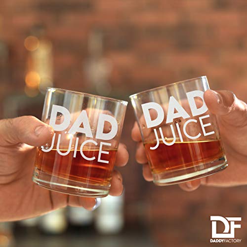 Daddy Factory Dad Juice Whiskey Glass - Funny New Dad Gifts - 10.25 Oz Engraved Old Fashioned Bourbon Rocks Glass For Dad Birthday - Expecting Father Gift #TOP3