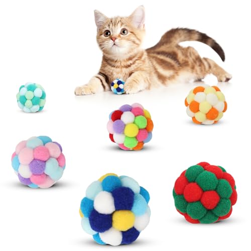 TUSATIY Cat Ball Toy Set, 6 Fuzzy Pom Pom Balls with Bells