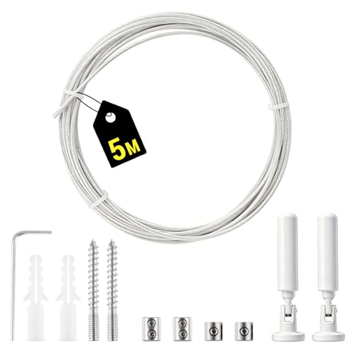 Alambre de cortina de acero inoxidable de 5 m, juego de montaje en pared, cuerda tensora de acero inoxidable, para alambre de fotos, tendedero, ventana, cortina, tensor (blanco)