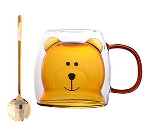 WANJIAJIA Bärchen Glas Latte Macchiato Glas Gläser Doppelwandig mit Niedliche Tierform Innere Schicht & Henkel & Kaffeelöffel, -10°C bis 150°C Tasse Bär für Milchtee Saft Saft Wasser Whisky Cover