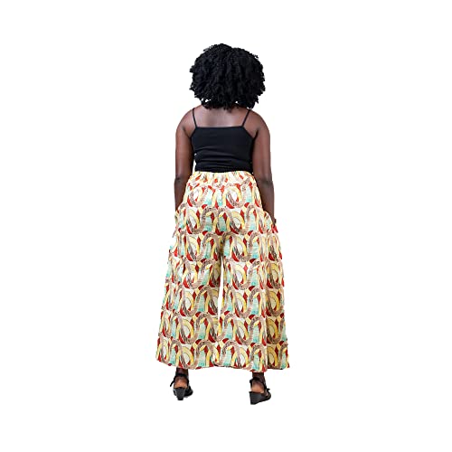 Handmade In Ghana African Ankara Women's Fashion Ankara African Print Long Pants Wide Leg Elastic High Waist Trousers with Pockets (Plus Size)