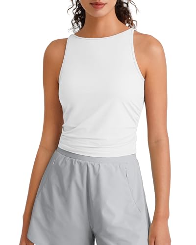 Image of G4Free Skimetic Workout Tank Tops for Women Side Ruched Sleeveless High Neck Crop Top Summer Athletic Gym Shirts