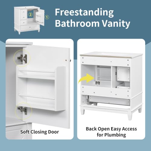 Image of Bellemave 30 inch Bathroom Vanity with Ceramic Sink & 3 Drawers, Bathroom Cabinet with Storage Shelves & Solid Wood Base, Freestanding Vanity Cabinet with Soft-Close Door with Organizer (White /30)