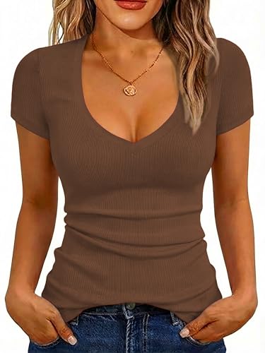 Image of Albe Rita Women Short Sleeve T-Shirt Cap V Neck Shirts for Women Ribbed Casual Top Knit Slim Fit for Summer