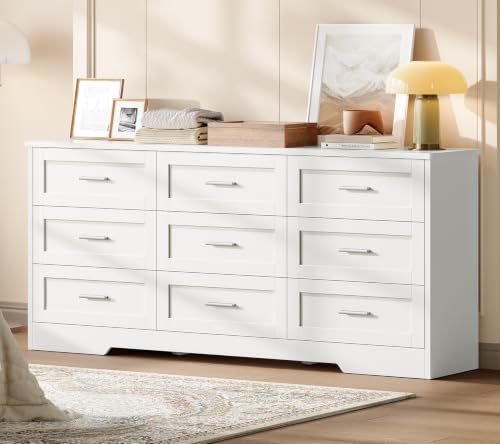 Image of TEENFON 57.1 inchW White Dresser for Bedroom, Modern 9 Drawer Dresser with Metal Handles, Wood Dressers & Chest of Drawers, Wooden Closet Clothes Storage Organizer for Bedroom, Living Room, Hallway, White