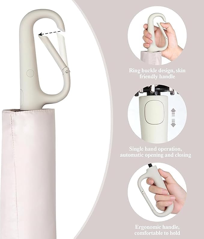 Image of TEKCOOL UV Umbrella with Novelty Carabiner Handle, Travel Umbrellas for Rain and Sun Windproof Compact, Automatic Open Close, 8 Ribs, Portable Umbrella for Men and Women(Beige)'';