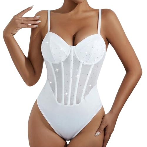 pxjsdwe corsage blau, Damen Body Sexy Sheer Mesh Ärmellose Bodysuit Bluse Pailletten Tops Glitzer Camisole Jumpsuit Transparenter Spaghettiträger...