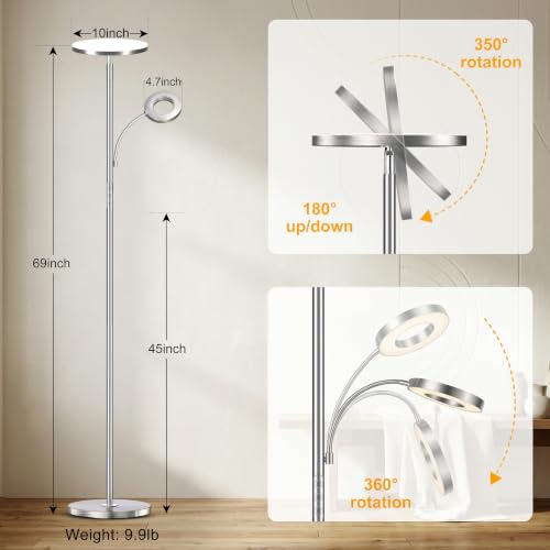 Image of marctronic Brushed Nickel Floor Lamp, 42W 4000LM Brightest LED, Smooth Metallic Body & Anti-Glare, Dimmable Remote /Touch Floor Lamp for Bedroom /Study