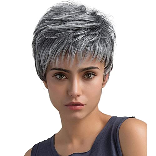 Perruque Pixie grise frange cheveux courts synthétique anti coup de chaud