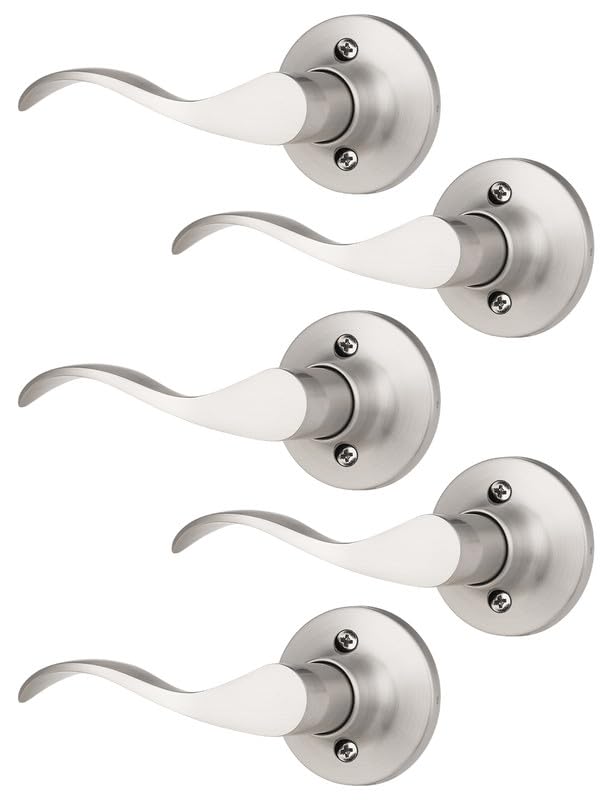 Image of Mengico 5 Pack Satin Nickel Dummy Door Lever, Single Left Side Door Handle for Closets, Non-Turning Pull Only Lever Set, Wave Style Interior Door Knob
