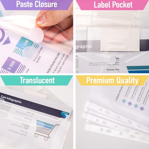 JEFURE Dokumententasche A4 30 Stück, Dokumentenmappe A4 zum Abheften mit 11 Löcher, Durchsichtige Wasserdichte Mappen Ordnersystem, Klettverschluss und Etikettentaschen für Dokumente Organisation