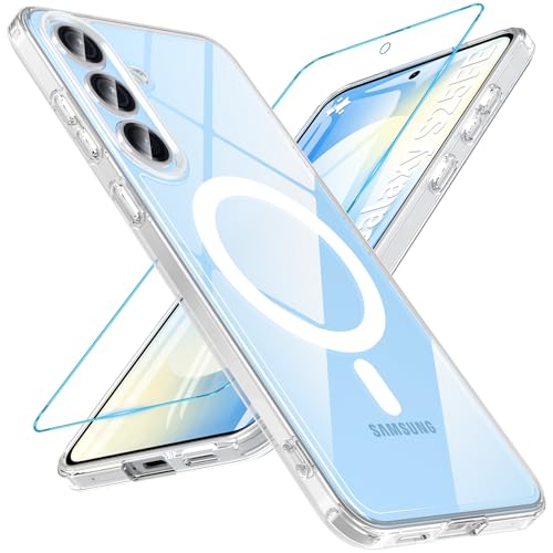 Image of OWKEY for Samsung Galaxy S25 FE Case 6.7'', Magnetic Galaxy S25 FE Case for Magsafe with Tempered Screen Protector [Shockproof Military] Translucent Matte Bumper Phone Cover Samsung S25 FE 5G, Clear