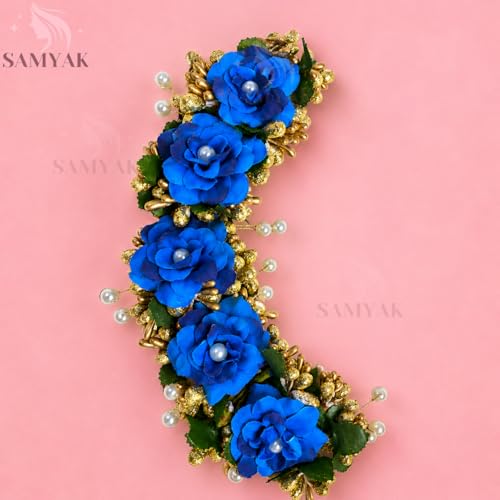 Image of Samyak Beautiful Hair Gajra Garland Handmade Floral Wedding Bridal Bridesmaid Hair Jewellery Bun | Juda Accessory | Tiara | Hair Vine | Hair Accessory | Hair Pin Clips Veni (Dark Blue)