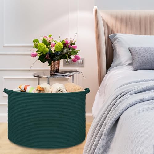 Image of Large Cotton Rope Blanket Basket, 87L Laundry Hamper, Dark Green