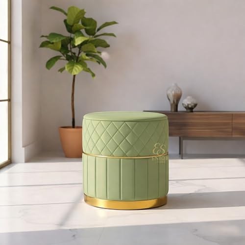 Image of Set of 2 Round Velvet Ottoman Footstool Gold Base - Tufted Upholstered Pouffe Stool for Living Room, Bedroom & Dressing Area (Pista Green)