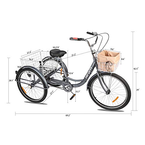 3-Wheeled Adult Tricycle with Removable Basket, 24\" Wheels Trike for Men and Women, Single Speed Cruise Bike, Exercise Bike for Recreation and Shopping, Water-Proof Bag and Bicycle Bell