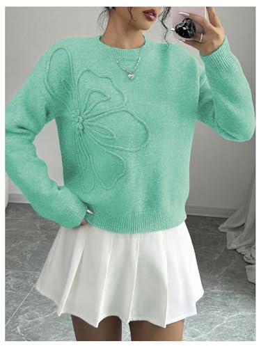 Image of RoseSeek Women's 3D Floral Appliques Crewneck Sweaters Long Sleeve Drop Shoulder Pullovers Elegant Knit Tops