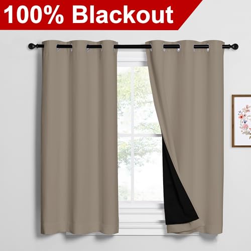 Image of NICETOWN 100% Blackout Short Curtains with Black Liners, 2 Panels, 37 inch W by 50 inch L, Taupe, Solid Thermal Insulated Full Blackout 2-Layer Lined Drapes, Energy Efficiency Window Draperies for Bedroom