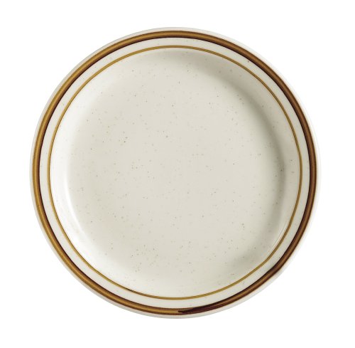 CAC China AZ-6 Arizona 6-5/8-Inch Brown Rim Brown Speckled American White Stoneware Round Plate, Box of 36