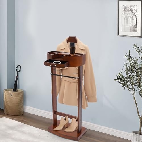 Clothes Valet Stand Holder for Men Suit Coat Rack Hanger Stand, Clothes Butler Valet Stand for Men, Wood Clothing Stands with Top Tray & Storage Organizer, Clothing Trousers Bar Rack