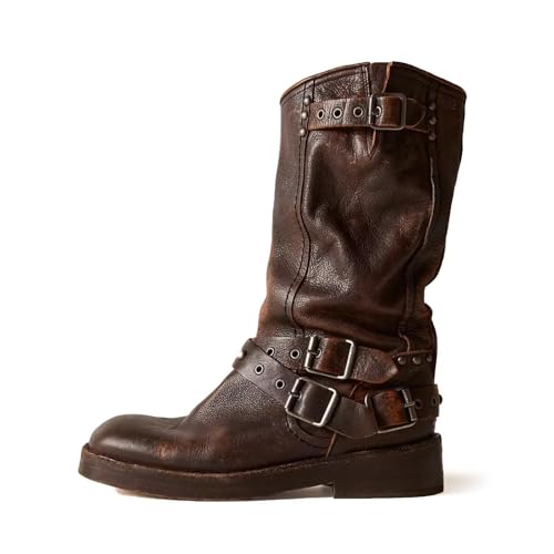 Agodor Women's Mid Calf Boots Chunky Low Heel Riding Buckle Boot for Women Squared Toe Motorcycle Boots Slip On Riding Biker Booties
