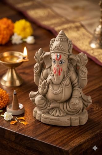 Image of SAUDEEP INDIA 4 Inch Mitti Ganesh Idol for Ganesh Chaturthi | Eco-Friendly Handcrafted Clay Ganpati Murti for Visarjan | Biodegradable Ganesha Statue for Home Pooja Decor & Gift Use