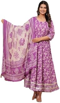 MEERA FAB Women's Cotton Printed Anarkali Kurta with Palazzo & Dupatta Set with Dori