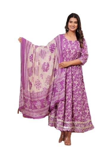 MEERA FAB Women's Cotton Printed Anarkali Kurta with Palazzo & Dupatta Set with Dori
