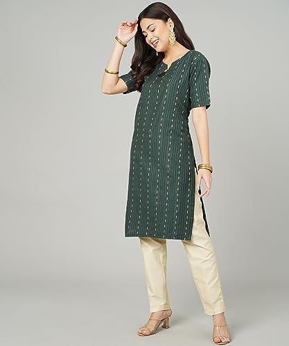 Image of Cotton Dobby Woven Design V- Neck Elbow Sleeves Knee Length Kurta for Women's