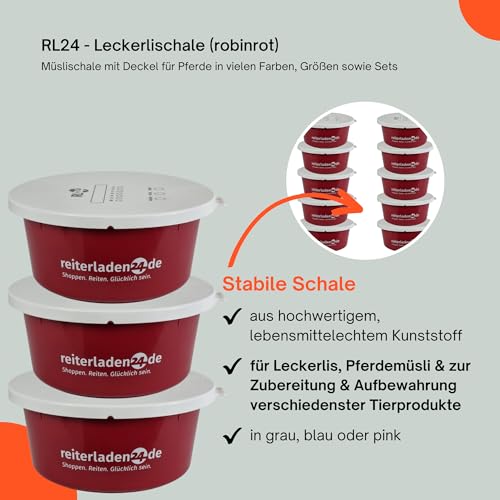 RL24 - Leckerlischale – Pferde Müslischale mit Deckel – Futterschale zur Aufbewahrung von Leckerli & Pferdefutter – Leckerli-Dose in Rubinrot – 5 Schalen á 2l (5er Set) – Pferdezubehör