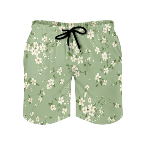 Bañador Hombre Hermosas Ramas De Flores Blancas Pantalones Cortos Secado Rápido Bañadores Surf Playa Hombre con Bolsillos y Cordón Cintura Ajustable para Verano Hawaianos Mar Vacaciones XXL