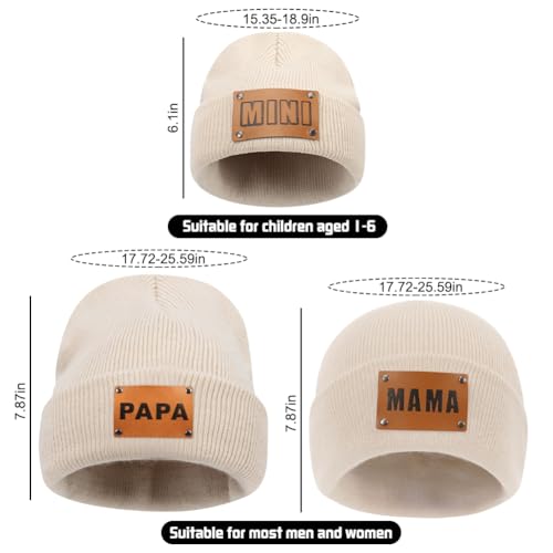 3 Pcs Parent-Child Beanie Hats Mama PAPA MINI Leather Patch Winter Knit Cap Warm Cuffed Cap Matching Family Beanie Hat2