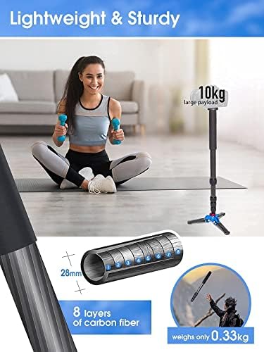 Carbon Fiber DSLR Monopod, Moman C65 Camera Tripod with Feet, 10kg Max Payload 165cm Max Height 5-Section Leg, 1/4 & 3/8 Screw Mount for DSLR Mirrorless DV, Carbon-Fiber-Monopod-DSLR-Camera