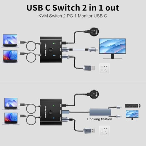 Image of KCEVE USB C Switch 2 in 1 Out, USB C Switch 2 Laptops 1 Monitor, 8K@60Hz / 4K@120Hz / 20Gbps / USB3.1 Gen 2 / 100W PD /Compatible with Thunderbolt Devices /Wired Remote(8K USBC 2 in 1 Out KVM)