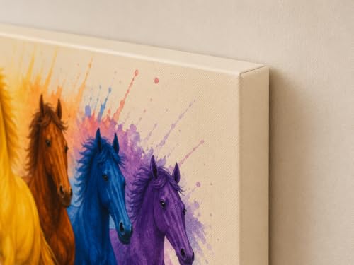 Image of 7 Horse Vastu Sunrise Canvas Painting | Positive Energy Wall Decor | Big Size Premium Running Horses Artwork for Home, Office & Hall Decoration (Modern, Yellow Horse, 26x18 Inch)