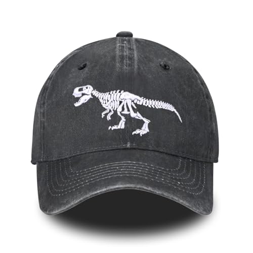 Dinosaur Skeleton Embroidered Baseball Cap for Women Men Vintage Adjustable Washed Distressed Denim Baseball Hat