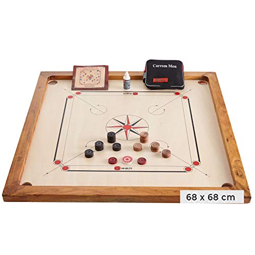 Ubergames Kompaktes Carrom Board Set 4 kg - Carrom Board 68x68 - Top ECO-Hartholz Qualität - Komplettes Set mit Offiziellen Scheiben Striker