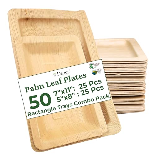 Dtocs Disposable Palm Leaf and Bamboo Plates Set - 50 Count, Rectangle Trays for Parties, Sturdier than Paper Plates
