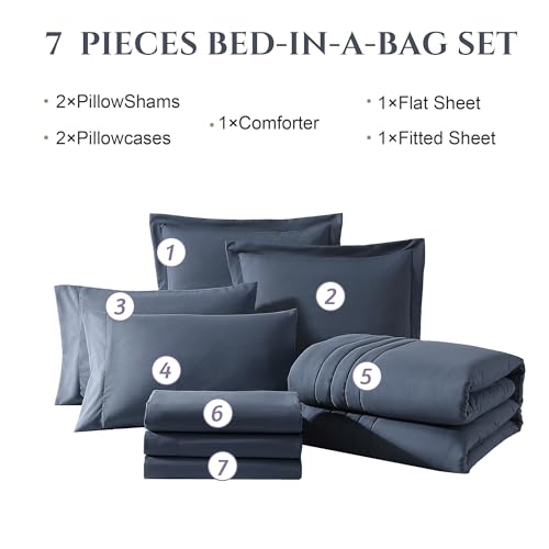 Image of Monbix Oversized King Size Comforter Set - 7 Pieces Blue Gray Bed in a Bag Oversized King Bedding Sets with Comforter, All Seasons Comforter Bed Set with Sheets, Pillowcases & Shams