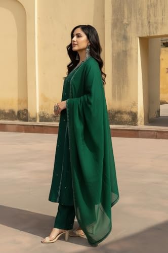 Image of ANNI Designer Women Ethnic Kurta Pant Set Rayon Viscose Straight Fit Solid Embroidered Dupatta Traditional Indian Wear Outfit Suitable Casual Festive Office Styling