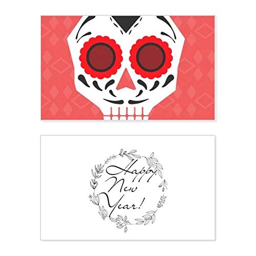 Tarjeta de Año Nuevo: calavera mexicana con ilustración tradicional de ojos rojos