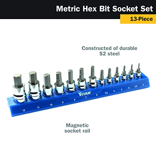 Titan 85531 13-Piece Metric Hex Bit Socket Set, Magnetic Socket Organizer with Laser-Etched Size Markings